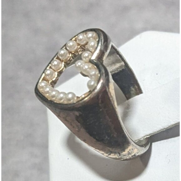 Vintage Open Heart Silver Tone Seed Pearl Ring Size 6 1/4 - Picture 2 of 16